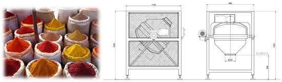 Stainless steel blender  to mix spices and other bulk solids ingredients  to obtain a homogeneous mixture.